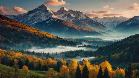 Foggy autumn morning in the mountains. Colorful autumn landscape in the mountains.の写真素材