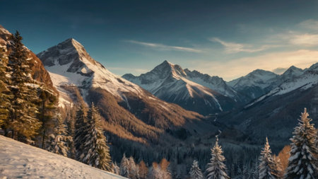 Winter mountains panorama with snow covered fir trees.の写真素材