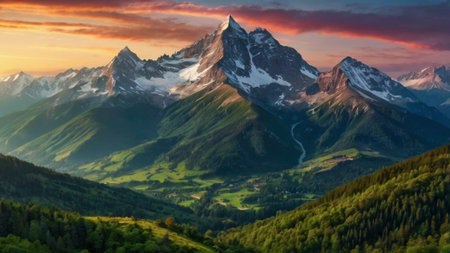 Panoramic view of the Matterhorn mountain range at sunset, Switzerlandの写真素材