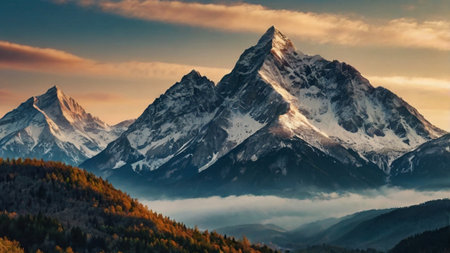 panoramic view of the snowy peaks of the mountains at sunsetの写真素材