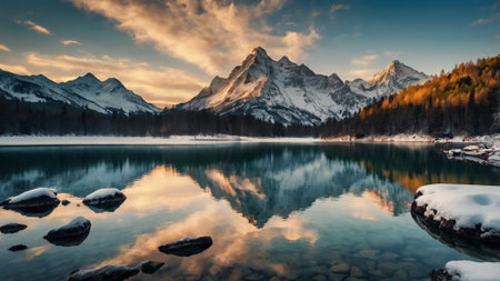 Fantastic winter landscape with snow-capped mountains and lake