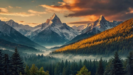 Sunset in the alpine valley with snow-capped peaks