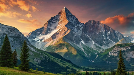 Matterhorn peak in the Swiss Alps at sunset, Switzerland.の写真素材