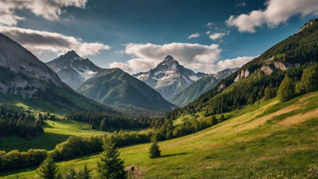 Panoramic view of the mountains in the Dolomites, Italyの写真素材