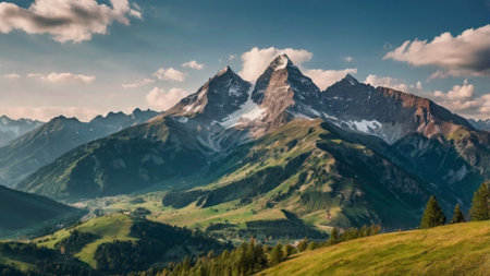 Panoramic view of the mountains in the Alps, Switzerland.の写真素材