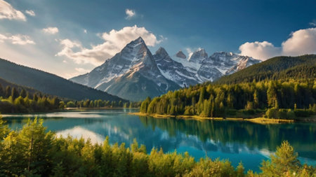 Panoramic view of the mountain lakeの写真素材