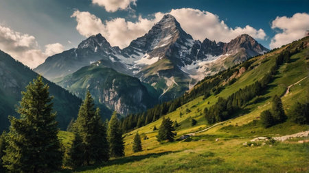 Mountain landscape in the Swiss Alps. Panoramic view.の写真素材