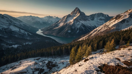 Panoramic view of snow-capped mountains and lake in winterの写真素材