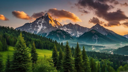 Panoramic view of the mountains in the Swiss Alps at sunsetの写真素材