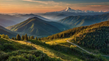 Beautiful mountain landscape in the Carpathian mountains at sunset.の写真素材