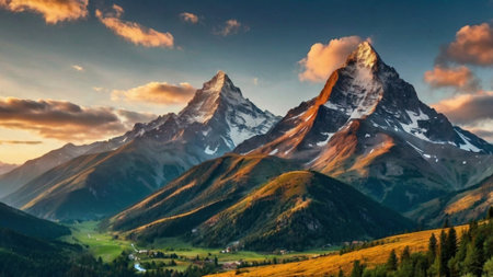 Matterhorn peak at sunset in Alps, Zermatt, Switzerlandの写真素材