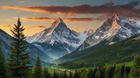 Mountain landscape at sunset. Panoramic view of mountains and forest.の写真素材