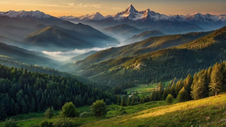 Mountain landscape at sunset. Panoramic view of the alpine valley.の写真素材