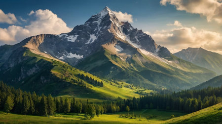 Mountain landscape in the summer. Panoramic view of the mountains.の写真素材