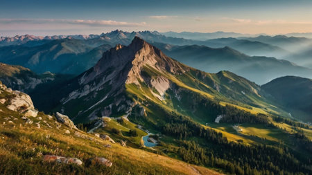 panoramic view of the Dolomites mountains in summer, Italyの写真素材