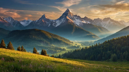 Panoramic view of alpine meadow and snowy mountains at sunsetの写真素材
