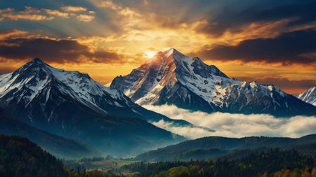 Mountain landscape at sunset. Panoramic view of the snow-capped mountains.の写真素材
