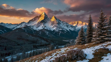 Panoramic view of snow-capped mountains at sunset.