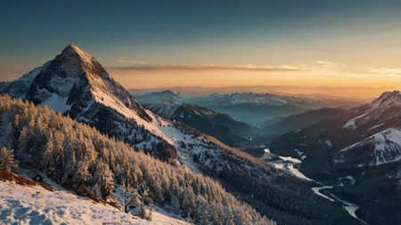 Panoramic view of snow covered mountains at sunsetの写真素材