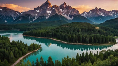 Beautiful alpine lake in the mountains at sunset. The concept of active and photo tourismの写真素材