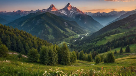 Panoramic view of the mountain range in the Alps.の写真素材