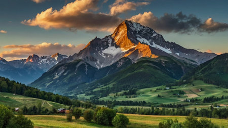 Mountain landscape at sunset in the swiss alps, Switzerlandの写真素材