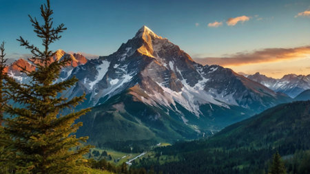 Beautiful mountain landscape at sunset. Panoramic view of mount Matterhorn, Switzerlandの写真素材