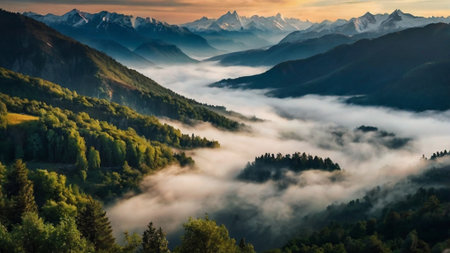 Morning fog in the mountains. Panorama of the Caucasus Mountains.の写真素材