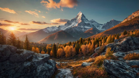 Panoramic view of Matterhorn peak at sunrise, Zermatt, Switzerlandの写真素材