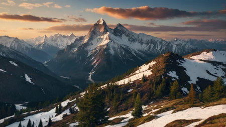 Panoramic view of the mountain peak at sunriseの写真素材