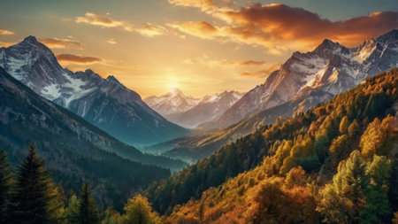 Panoramic view of the Swiss Alps at sunset. Beautiful autumn landscape.の写真素材