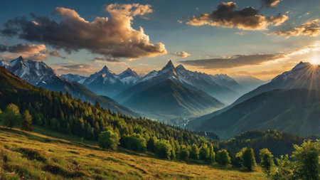 Panoramic view of the Caucasus mountains at sunset.の写真素材