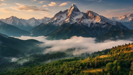 Panoramic view of the mountains in the morning mist.の写真素材