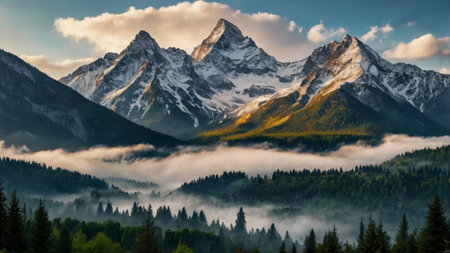 Mountain landscape with snow covered peaks in the clouds. Beautiful view of the mountains.の写真素材