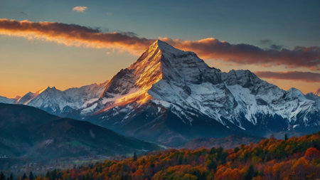 Matterhorn peak at sunrise in autumn, Zermatt, Switzerlandの写真素材