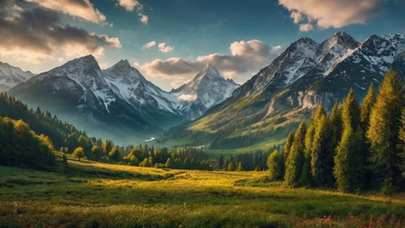 Panoramic view of the alpine meadow and mountains at sunsetの写真素材