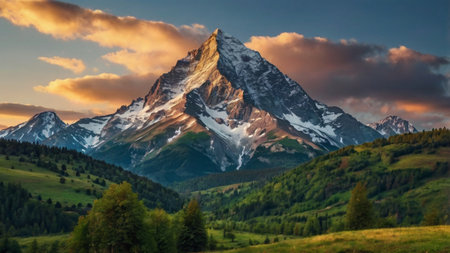 Matterhorn peak in the Swiss Alps at sunset. View from Zermatt, Switzerlandの写真素材