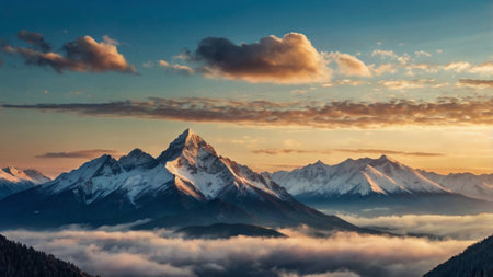 Mountain peaks in the clouds at sunset. Panoramic view.の写真素材
