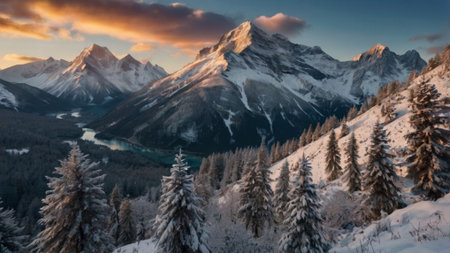 panoramic view of snow-capped mountains and lake at sunset