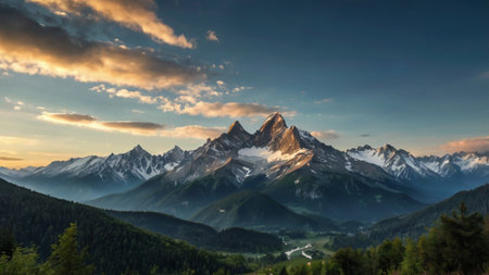 Panoramic view of a mountain range during sunsetの写真素材