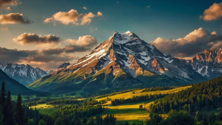 Beautiful mountain landscape with snow-capped peaks at sunset.