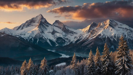 Beautiful winter landscape in the mountains. Sunrise in the mountains.の写真素材