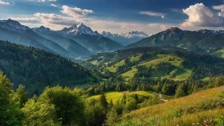 Panoramic view of the mountains and meadows in the Alpsの写真素材