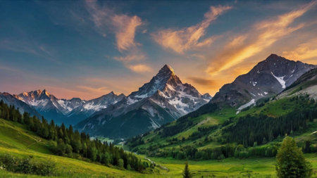 Panoramic view of the mountains in the Alps at sunset.の写真素材