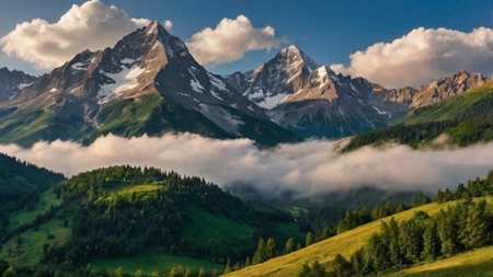 Mountain landscape. Panoramic view of the Swiss Alps.の写真素材