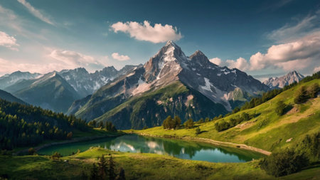 Panoramic view of the alpine lake in the Swiss Alpsの写真素材