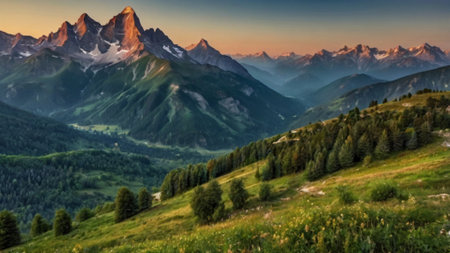 Panoramic view of the Alps at sunrise, Switzerlandの写真素材