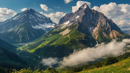 Panoramic view of the high mountains in the cloudsの写真素材
