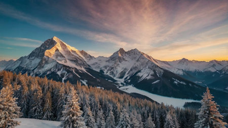 panoramic view of snowy mountains at sunset. beautiful winter landscapeの写真素材