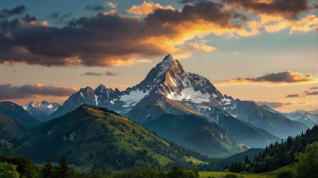 Mountain landscape with snow-capped peaks at sunset, Switzerlandの写真素材
